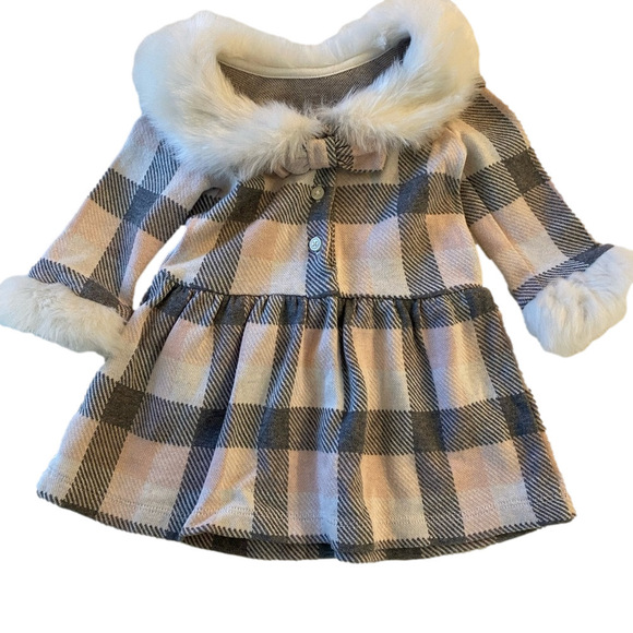 Janie and Jack Girls 🎀Dress 6-12 Months Faux Fur White Collar Holiday Winter🎀 - Picture 2 of 11